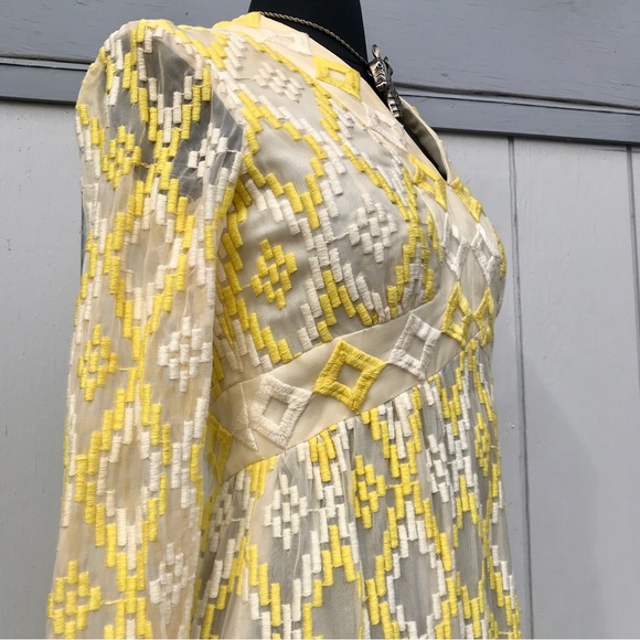 Vintage 60s Embroidered Jerry Marsch Yellow Chiffon Maxi Dress - Picture 5 of 15
